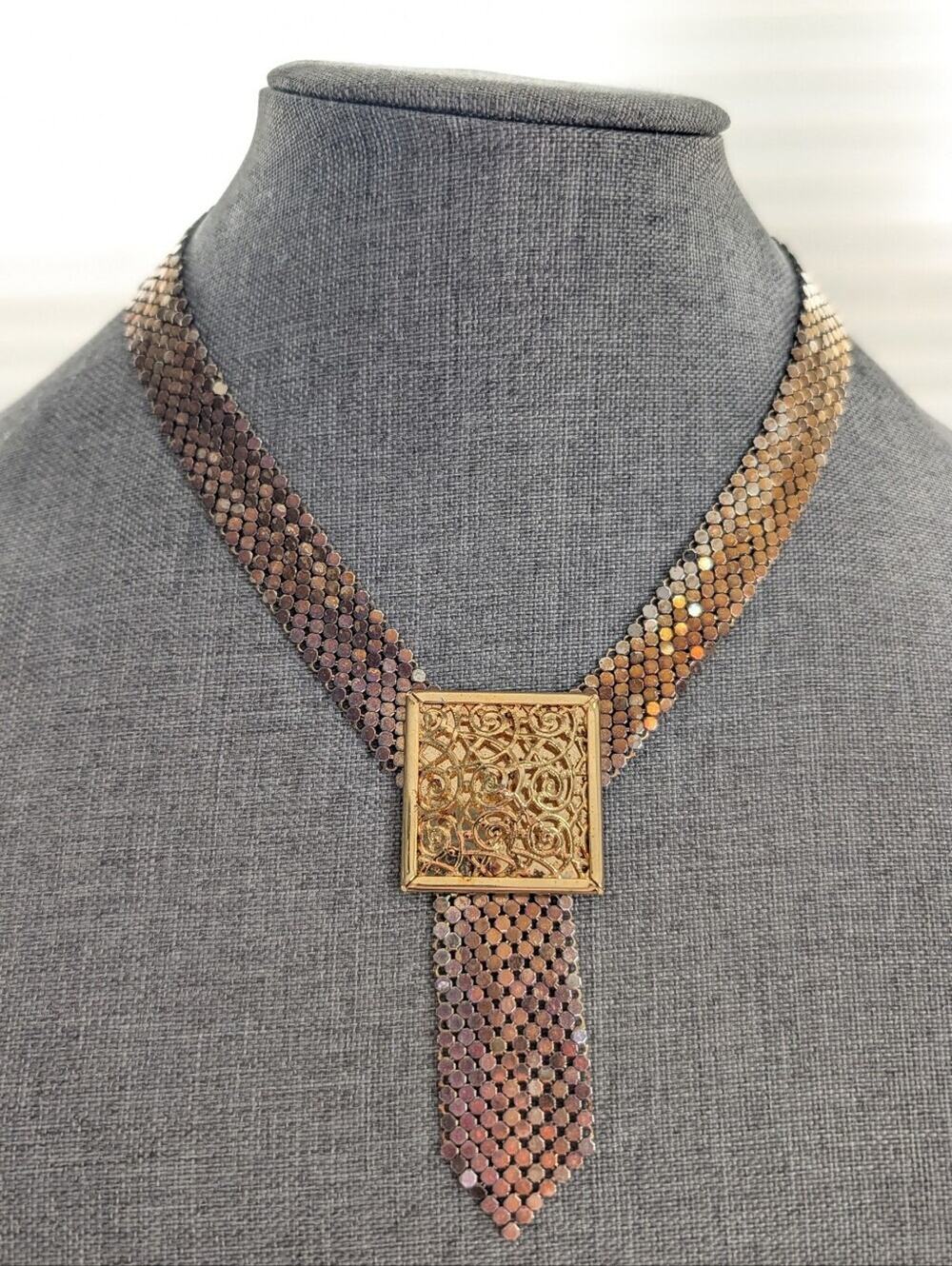 Vintage Bronze Gold Tone Metal Mesh Chainmail Victorian Revival Necklace